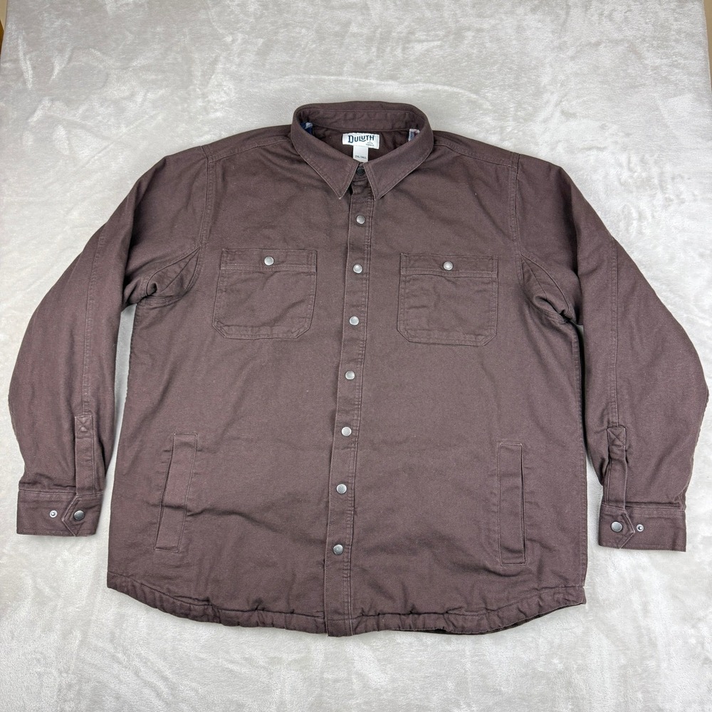 Duluth Trading Shirt Jacket Mens 2XL Tall Brown Flannel Lined Canvas Shacket